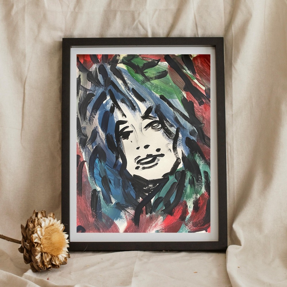 OMAN Dolly Parton Abstract Pop Art Portrait Painting 8.5x11 Paper Red Blue Green